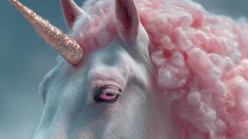 Whimsical unicorn with pink fluffy mane and shimmering horn in a dreamy landscape photo