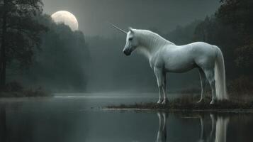 Majestic unicorn stands by a tranquil lake under a full moon in a misty forest at night photo