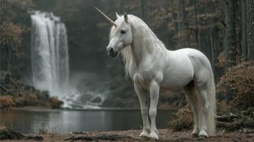 Majestic unicorn stands by waterfall in serene forest setting during golden hour photo