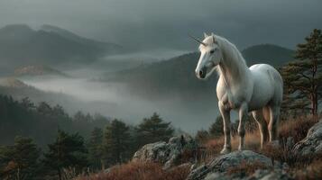 Majestic unicorn standing on rocky terrain overlooking misty landscape at dawn in a serene natural setting photo