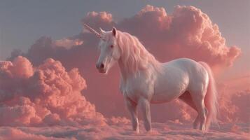 Enchanting unicorn standing majestically among fluffy pink clouds at sunset photo