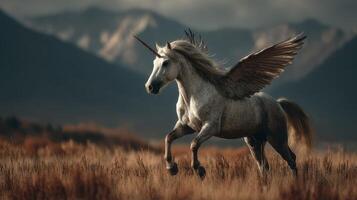 Majestic winged unicorn galloping through a tranquil field with mountains in the background during golden hour photo