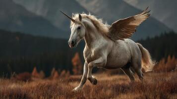 Majestic winged unicorn galloping through a sunlit meadow with mountains in the background during golden hour in the wilderness photo