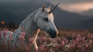 Majestic unicorn standing among wildflowers at sunset with butterflies in a serene landscape photo