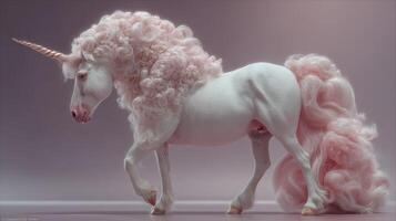Fantasy unicorn with curly pink mane poses elegantly in a dreamy setting photo