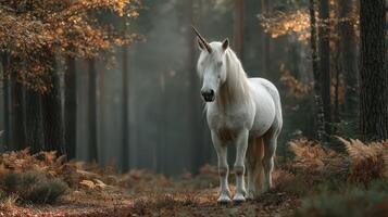 Majestic unicorn standing elegantly in a serene autumn forest during twilight photo