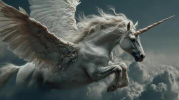 Majestic winged unicorn soaring through stormy clouds at twilight photo