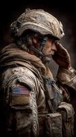 Soldier saluting with respect during a solemn moment in a dusty environment photo