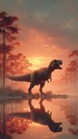 Tyrannosaurus rex standing by a reflective body of water at sunset in a prehistoric landscape photo