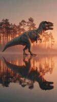 Dinosaur stands majestically near a calm lake surrounded by trees during sunset, creating an enchanting atmosphere photo