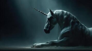 Majestic unicorn resting quietly in a mystical, dimly lit setting with soft shadows and beams of light photo