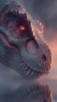 Majestic dinosaur emerges from the mist at dawn, reflecting its powerful presence on the still water's surface photo