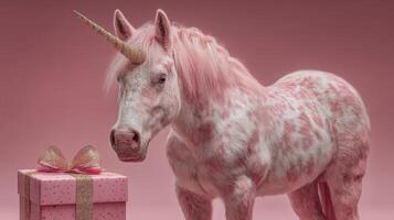 Unicorn with a pink coat standing next to a gift box in a whimsical studio setting photo