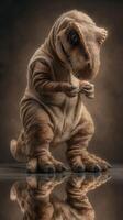 Funky dinosaur character in a playful pose on a reflective surface with moody lighting and textured details photo