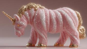 Sparkling pink unicorn figurine with golden accents showcased against a soft background in a studio setting photo
