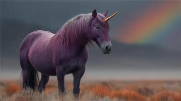 Magical purple unicorn standing in a misty landscape beneath a vibrant rainbow during twilight hours photo