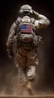 Soldier saluting with determination in a dusty environment under low light photo