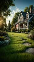 Beautiful suburban home with vibrant garden and American flag on a sunny afternoon photo