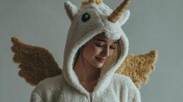 Cozy unicorn costume brings joy during a playful indoor moment in soft lighting photo