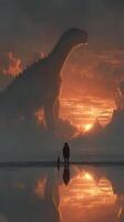 Epic encounter between giant dinosaur and explorers at sunset by the ocean photo