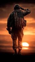 Soldier saluting against a sunset backdrop, reflecting honor and sacrifice in a serene landscape photo