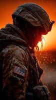 Soldier stands in rain as sunset illuminates the sky, showcasing resilience and determination amidst the elements photo