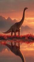 Giant dinosaur stands by tranquil waters at sunset in a prehistoric landscape photo