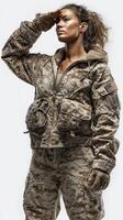 Military personnel salutes in camouflage uniform during daytime in a studio setting with dramatic lighting photo