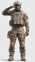 Soldier in tactical uniform saluting with pride in a neutral background setting photo