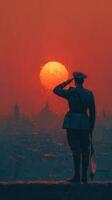 Soldier saluting at sunset over a city skyline with a vibrant red sky photo