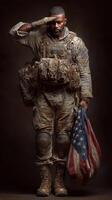 Soldier saluting with American flag in hand, honoring service and sacrifice in a powerful display of patriotism photo