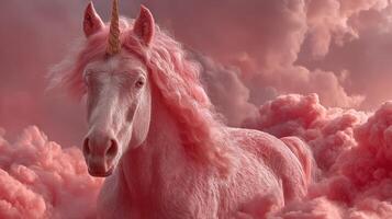 Majestic pink unicorn resting among soft clouds at dawn light photo