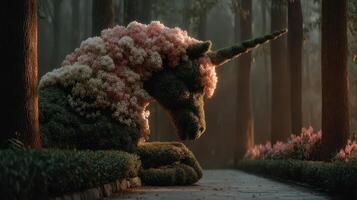 Giant floral unicorn resting peacefully in a tranquil forest at dusk surrounded by soft lighting and towering trees photo