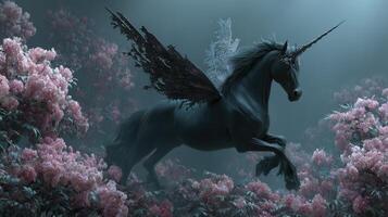 Black unicorn with wings frolics among pink blossoms in a mystical forest setting photo