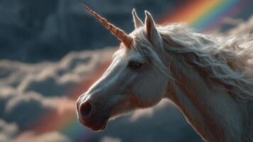 Majestic unicorn stands proudly against a backdrop of clouds and a rainbow in a fantastical landscape photo