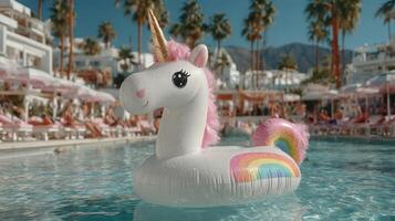 Floating unicorn pool toy at a luxurious resort on a sunny day surrounded by palm trees and mountains photo