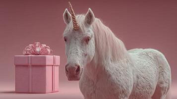 Unique unicorn stands beside a pink gift box in an imaginative pastel setting during a whimsical celebration photo