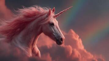 Majestic unicorn surrounded by vibrant clouds and a rainbow at sunset photo