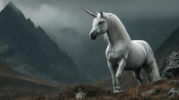 Majestic unicorn standing on rocky terrain against a dramatic mountain backdrop photo
