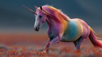 Colorful unicorn prances through vibrant meadow at sunset with glowing hues and striking presence photo