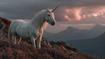 Majestic unicorn standing on rocky terrain at sunset in a mystical mountain landscape photo