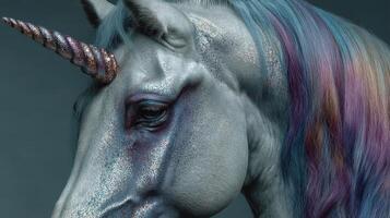 Majestic unicorn with shimmering mane and sparkling horn in a fantastical portrait photo