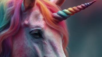 Unique unicorn with vibrant rainbow mane and shimmering horn in a dreamy setting photo