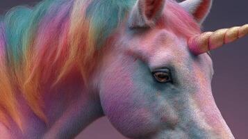 Colorful unicorn with a shimmering horn standing against a soft, gradient background during twilight hours photo