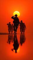 Soldiers march in silhouette against a vibrant sunset, saluting as they reflect on their mission with determination photo