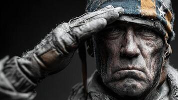 Soldier saluting with respect and dedication in a darkened environment photo