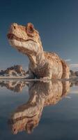 Massive dinosaur sculpture stands majestically in a reflective landscape at dawn photo