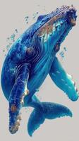 Humpback whale gracefully breaching the ocean surface under the sun with splashes of water photo