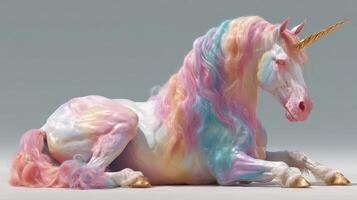 Colorful unicorn resting gracefully on its side in a tranquil setting with an ethereal aura photo