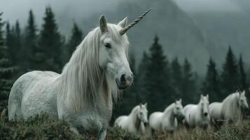 Majestic unicorn stands proudly among a herd of white horses in a misty forest setting at dawn surrounded by towering trees photo